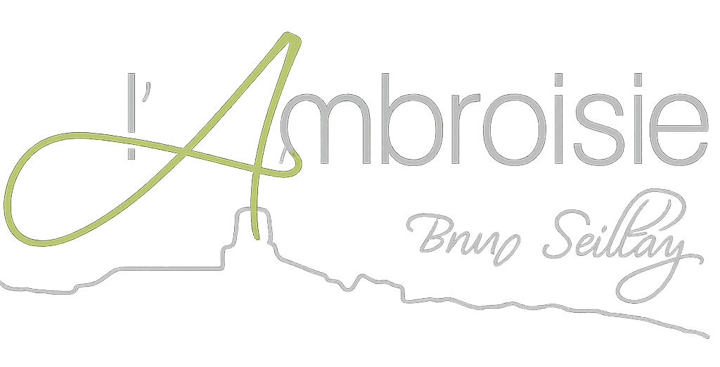 Logo avec le texte stylisé « l'Ambroisie Bruno Seillan » avec une ligne fine représentant un paysage en bas.
