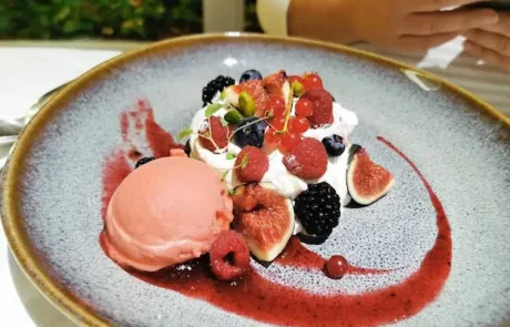 Dessert sur une assiette grise avec une quenelle de sorbet rose, des figues coupées, des fruits rouges variés, de la chantilly et un coulis rouge décoratif.