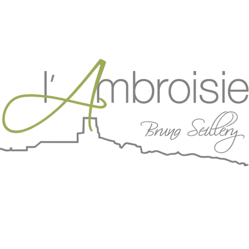 Logo de l'Ambroisie avec le nom Bruno Scillery en écriture cursive et un dessin stylisé d'une ligne d'horizon de ville en dessous